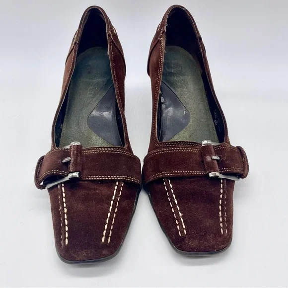 Y2K Aerosoles Leather Suede Loafers Pumps with Buckle and White Stitchin… - Picture 3 of 9